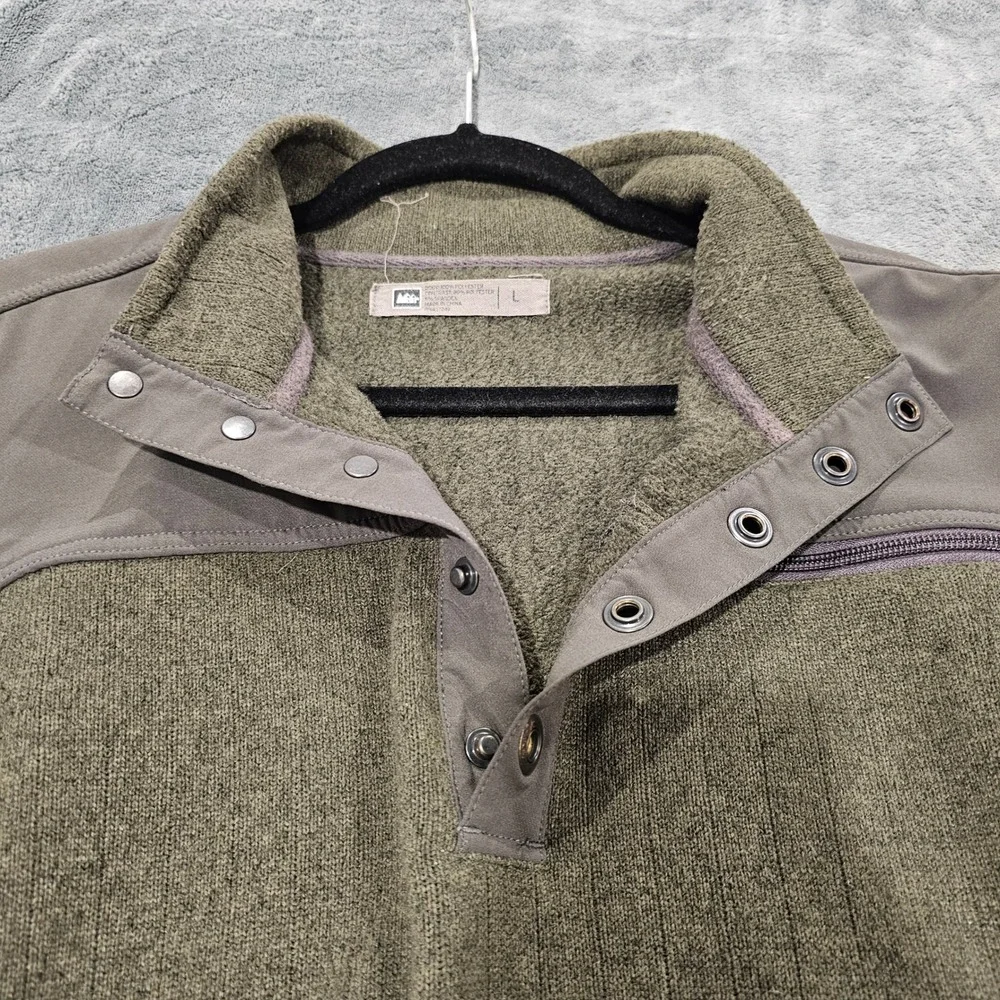 REI Men's Fleece Snap Neck Pullover Green Size L with Zipper Pocket